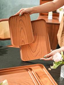 Light Wood Grain Tray, Used For Holding Food, Snacks, Drinks, Breakfast, Coffee, Rectangular Serving Tray, Durable Plastic PP Material - Brown - View 5
