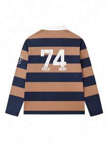 American Collegiate Style Khaki & Navy Striped Long Sleeve Polo Distressed Digital Embroidery Loose Fit Rugby Shirt - Khaki - View 5