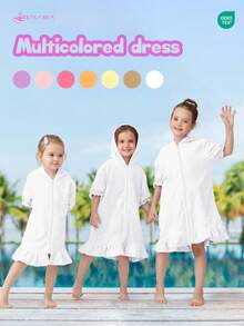 SHENG CHUN 1pc Girls Swimming Cover-Up, Cute Petal Sleeve, Flared Hem, Multiple Age Options, Hooded Zipper Absorbent Towel Robe, Suitable For Toddlers And Children, Home, Swimming, Bathing Essential - White - View 3