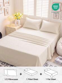 HONEYMOON 3/4件套純色床上用品套裝（3件套 = 1件床笠 + 1件床單 + 1件枕套，4件套 = 1件床笠 + 1件床單 + 2件枕套）100%聚酯纖維面料，Ins風格，適合9-12英吋深口袋，抗縮水，可機洗，適用所有尺寸，四季通用，居家與學校宿舍使用，返校必備，Oeko-Tex認證，米色 - 米色 - 查看 2