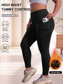 1 pc Legging Yoga Ukuran Besar, Celana Crop Kasual dengan Saku, Cocok untuk Musim Semi, Panas, Gugur dan Dingin - Hitam - View 1