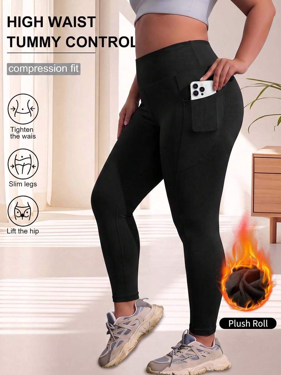 1 pc Legging Yoga Ukuran Besar, Celana Crop Kasual dengan Saku, Cocok untuk Musim Semi, Panas, Gugur dan Dingin - Hitam - View 1