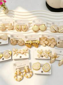 4/8/16/20-Piece Set: Buttercream & Gold-Tone Stainless Steel Earrings – Women's Accessories, Retro/Soft-Textured/Gentle Daily Style, Women's Earrings - Multicolor - View 7