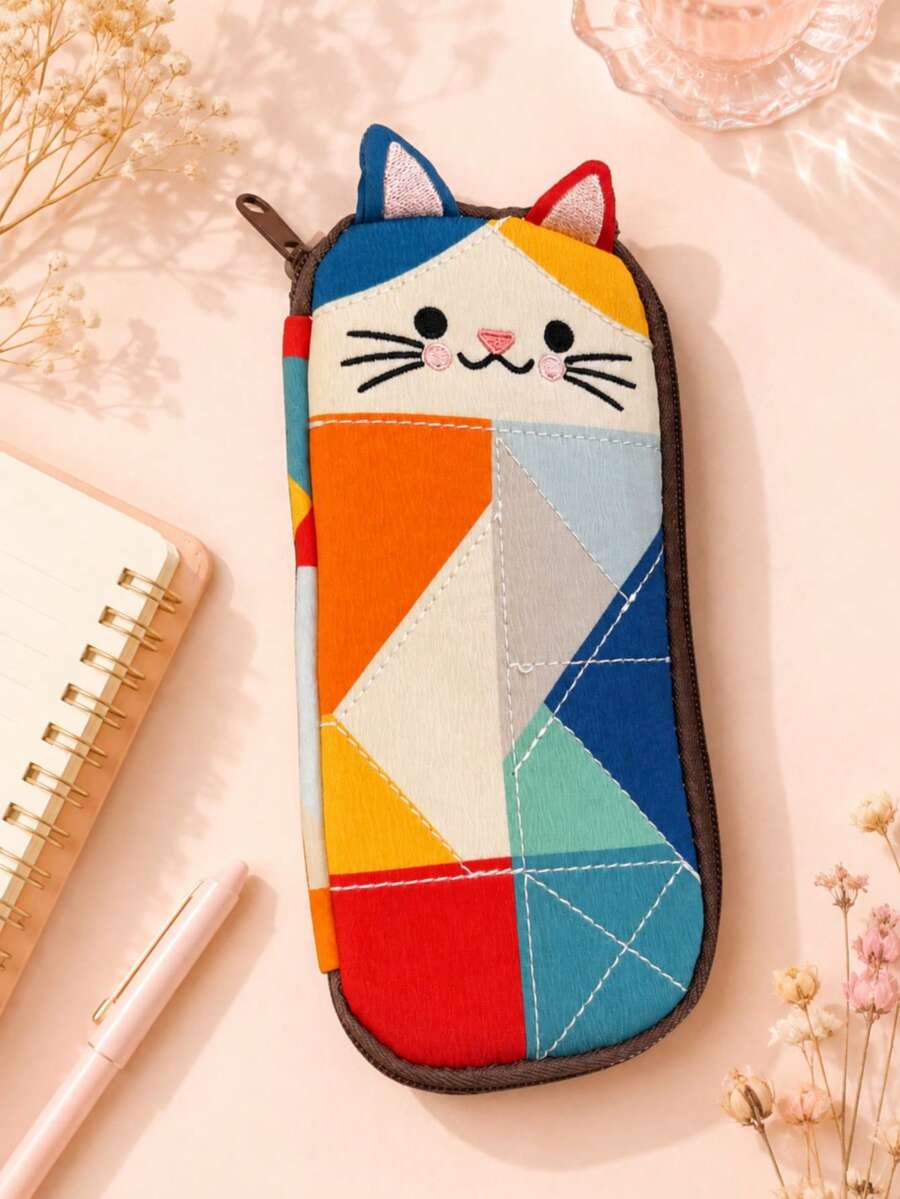 1个猫咪图案拼接铅笔盒，独特便携化妆包，拼接设计轻巧实用，适合爱猫人士，也可用于学生/办公用品收纳。