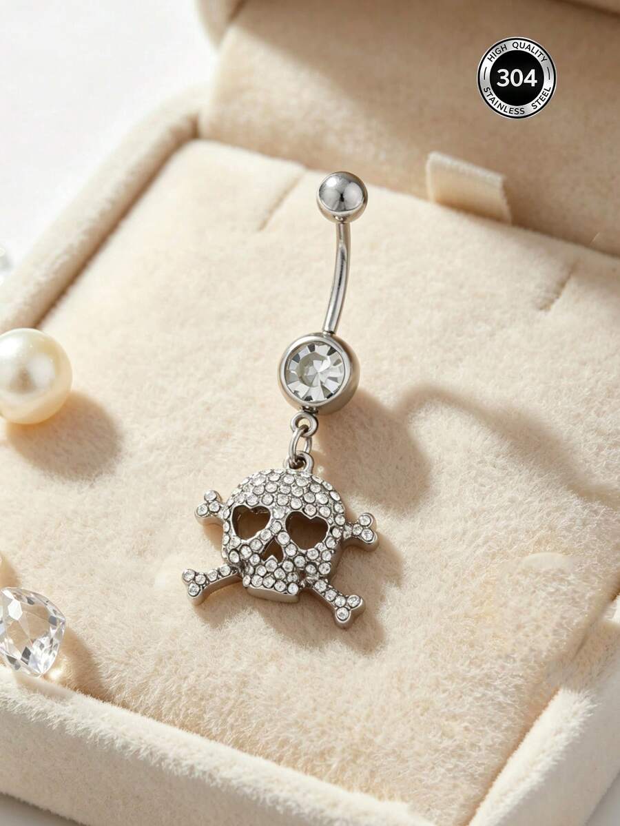 1pc Gothic Style Shiny Skull 304 Stainless Steel Belly Button Ring, Suitable For Halloween, Women And Men Body Piercing Accessory (No Gift Box) - Skeleton - View 1