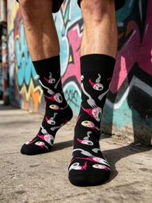 1 Pair Men's Black Bottom Colorful Eyeball All-Over Print Mid-Calf Socks, Dark Fun Socks, Suitable For Spring/Autumn/Daily Wear/Halloween Party - Multicolor - View 2