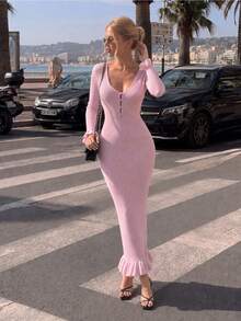 Women's Autumn/Winter Halloween & Christmas V-Neck Long Sleeve Midi Dress, Ribbed Knit Slim Fit Puff Sleeve Flared Hem, Back-To-School & Party Dress - Baby Pink - View 3