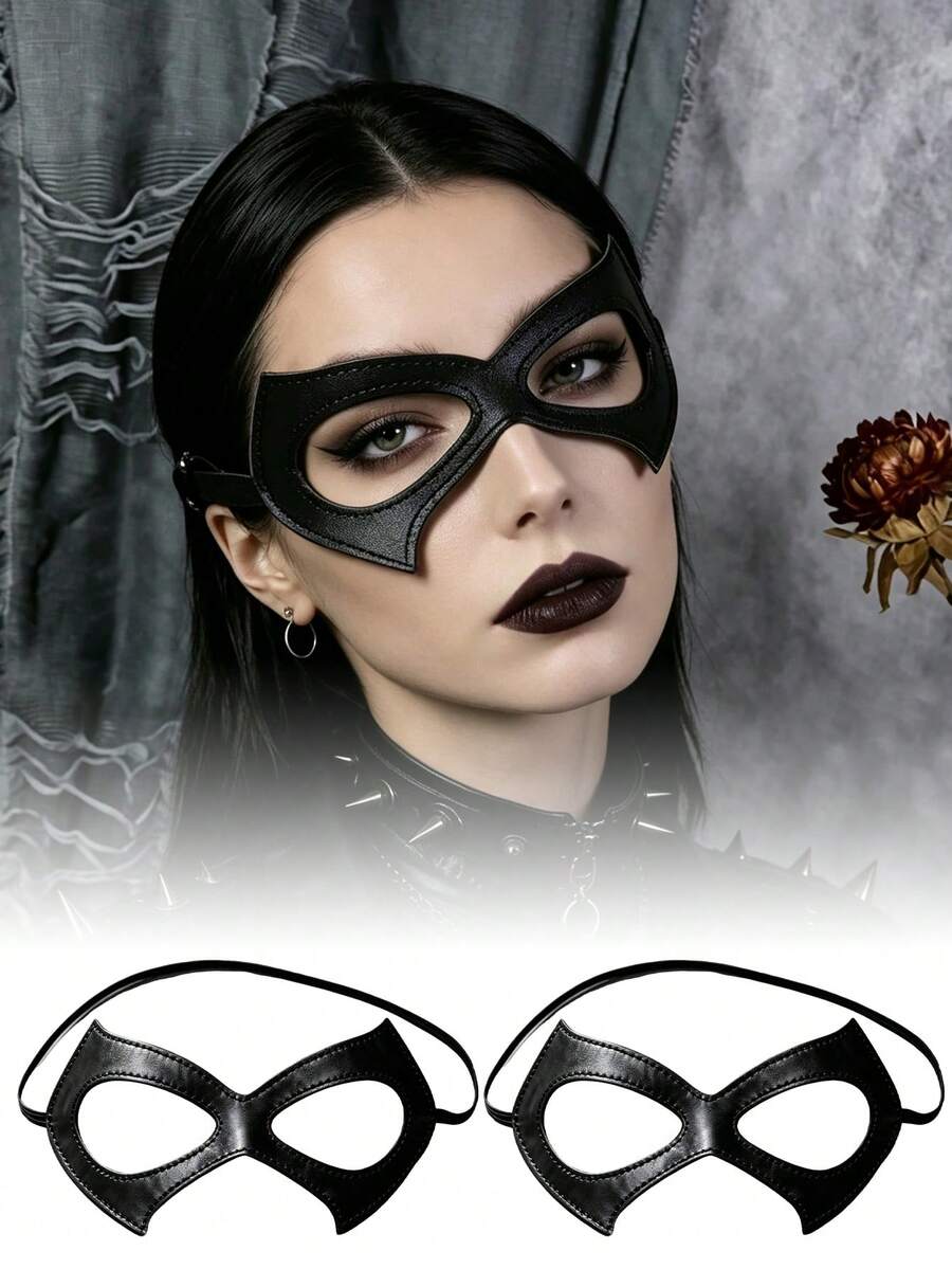 2pcs Half Face Cat Eye Mask, Women's Black PU Leather Cat Mask, Halloween Masquerade Eye Mask, Cosplay Prop, Suitable For Halloween Role Play Party - Black - View 1