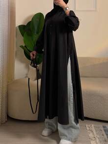女款休閒極簡翻領長袖半鈕扣前襟側開衩長版襯衫，純色梭織布料，春秋冬季黑色 - 黑色 - 查看 7