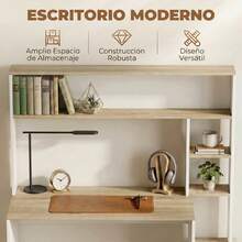 HOMCOM Mesa de Escritorio con Estanterías Mesa de Ordenador Moderna con Estantes Soporte para Monitor CPU de Oficina Estudio 114x45x138 cm Blanco y Natural - A - Ver 5