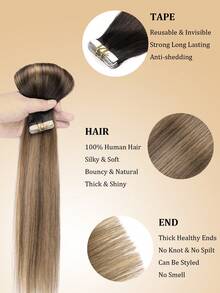 JIAMEISI Tape In Hair Extensions Human Hair, Ombre Dark Brown To Chestnut Brown With Beige Blonde Real Human Hair Tape In Extensions 20Pcs Tape Ins Human Hair Extensions For Women Seamless Tape In Hair Extensions Remy Human Hair - S2/6 - View 3