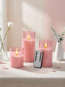 3pcs Flameless Candle Lights With Remote Control/Timer, Battery Operated, Pink Warm Light, Suitable For Christmas, Halloween, Valentine's Day, Mother's Day, Gift, Birthday, Proposal, Wedding, Dining Table, Party - Pink - View 3