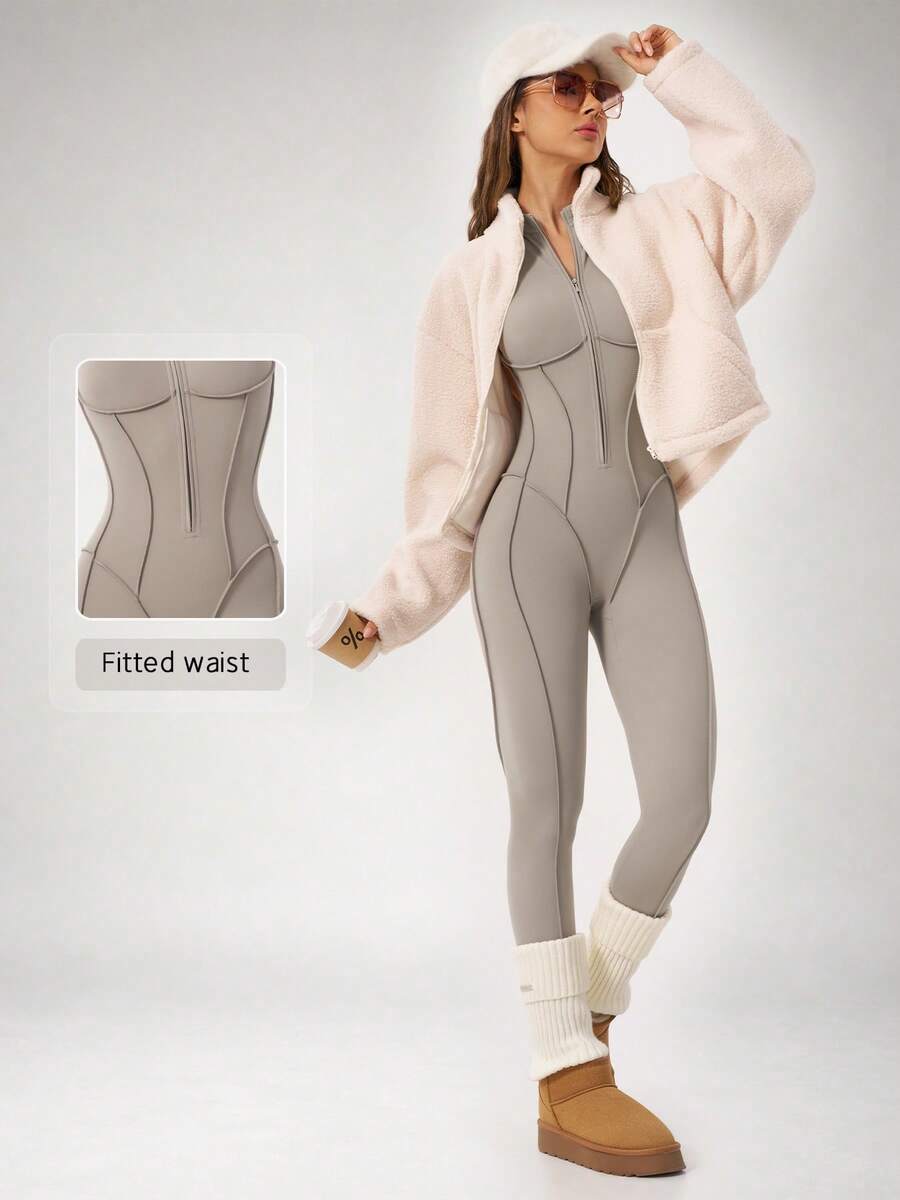 NcmRyu Women's 1pc Solid Color Zipper Small Stand Collar Contrast Stitch Long Sleeve Long Pants Jumpsuit, Autumn/Winter - Khaki - View 1