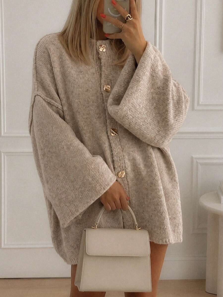 Marisole Women's Casual Daily Dropped Shoulder Long Sleeve Crew Neck Ribbed Button Cardigan, Fashion Basic Commute Travel Vacation Knit Sweater, Autumn/Winter - Camel - View 1