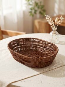 1pc Multi-Function Oval Woven Storage Basket, Plastic Rattan Design, Suitable For Storing Fruits, Snacks, Spoons, Flowers And Groceries, Shelf Basket, Home Decor - Brown Oval - View 8