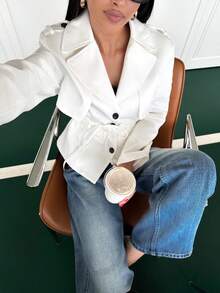Women's Solid Color Woven Fabric Button White Short Trench Coat Jacket Office Autumn Winter - White - View 1