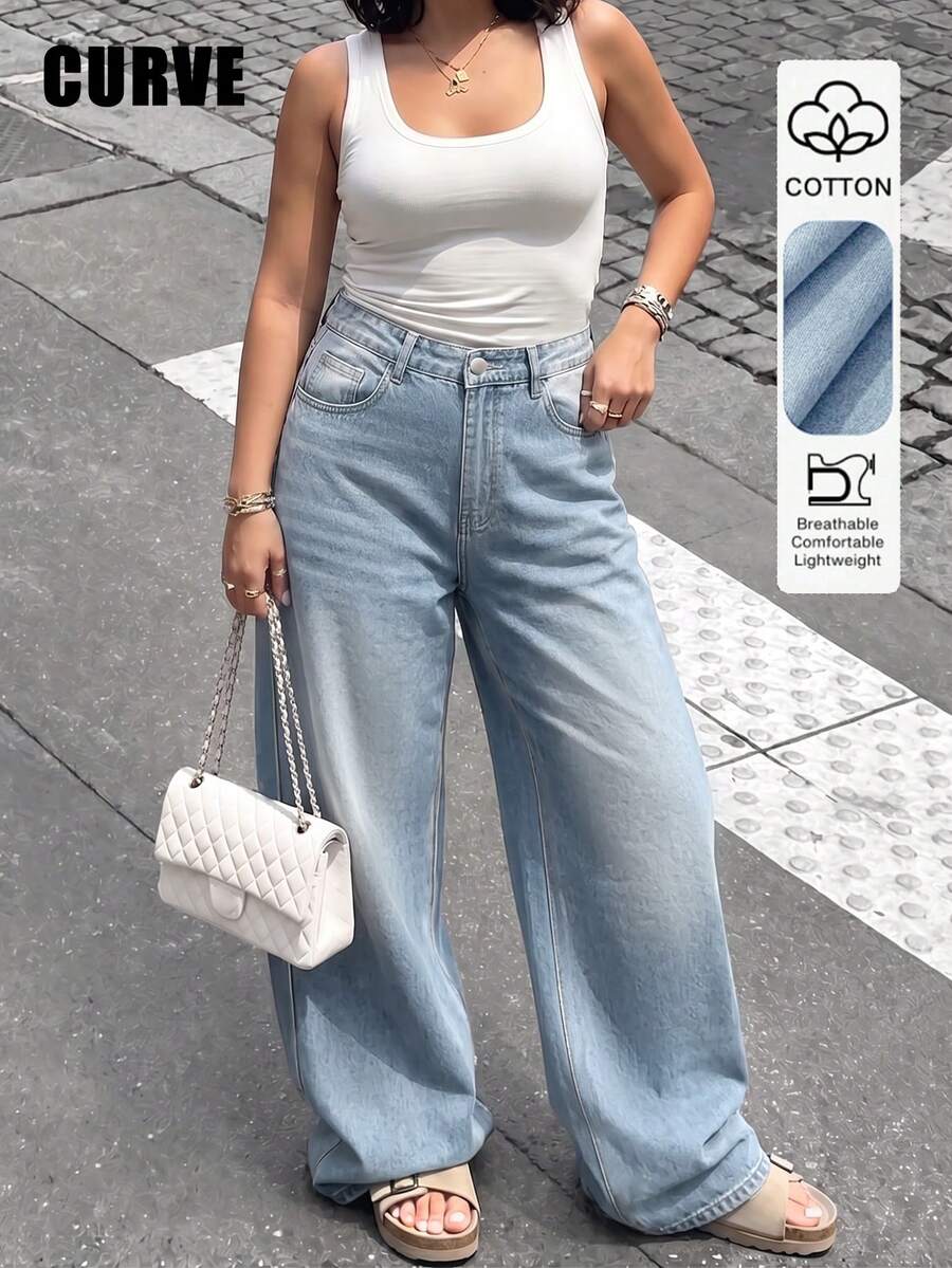 Plus Size Retro Casual Loose Straight Leg Denim Maxi Pants, Fashionable & Versatile Spring Fall - Light Wash - View 1
