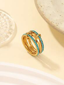 1/2pcs Stainless Steel 304 Material Gold And Silver Inlaid With Light Blue Rhinestone Triple Ring Stackable Rings, Set Purchase Comes With Card, Also Available For Individual Color Purchase, Suitable For Women's Daily Decoration Or Gift - Multicolor - View 12