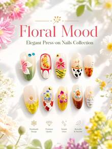 NAIO 10pcs 3D Embossed Multi-Color Tropical Hibiscus Butterfly Shell Rhinestone Cow Print Gradient Jelly Base Glossy Full Coverage Press-On Nails, Tropical Floral Vibrant Summer Beach Vacation Wearable Nails, Almond Shape, Reusable For Travel - Multicolor - View 2