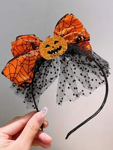Halloween Party Accessories, Includes 1 Halloween Pumpkin Headpiece Decorated With Orange Spider Web Bow, Suitable For All Genders, Made Of Resin And Mesh Material, Perfect For Holiday Costumes And Photography Props - Multicolor - View 6