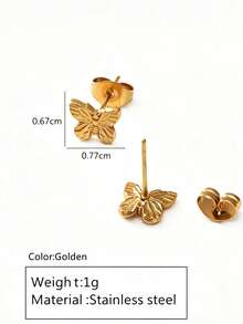 VceTd 1 Pair Mini Cute Style 3D Butterfly Design Stainless Steel Stud Earrings For Women, Suitable For Daily Wear - Yellow Gold - View 6