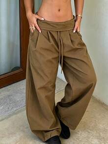 Women's Vintage Casual Y2K Loose Wide Leg Straight Leg Cargo Pants, Drawstring Detail, Streetwear, American Retro, Versatile - Khaki - View 4