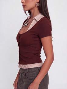 Women's Slimming 2 In 1 Short Sleeve Top, Ribbed Fabric Design With Square Neck, Ribbed Patchwork And Single-Breasted Buttons, Suitable For Office Wear Or Spring Mature Style - Burgundy - View 5