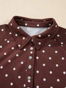 Acelitt Polka Dot Snap Button Collar Raglan Lantern Sleeve Cropped Sweatshirt - Brown - View 6