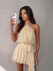 Women's Casual Fashion Halter Neck Lace Trim Puff Sleeve Mini Dress, Summer Criss-Cross Tie Back Puff Hem Dress, Suitable For Vacation, Holiday, Outing - Light Yellow - View 3