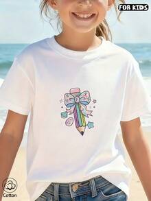 Girls' Summer Short-Sleeve T-Shirt, Fitted T-Shirt, Cotton Knit Fabric, Fashionable Street Style - White - View 7