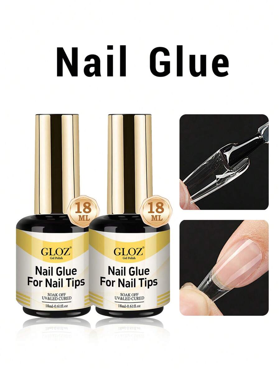 GLOZ 2件 18ml 超強力指甲膠,適用於壓克力指甲、指甲尖、貼片假指甲、沙龍級刷式指甲膠,易於使用,持久耐用 - 無色 - 查看 1