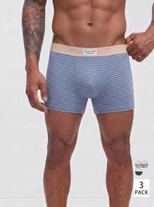 Snug League 3pcs Men Underwear Bicolor Striped Letter Print Breathable Midrise Boxer Brief - Multicolor - View 1