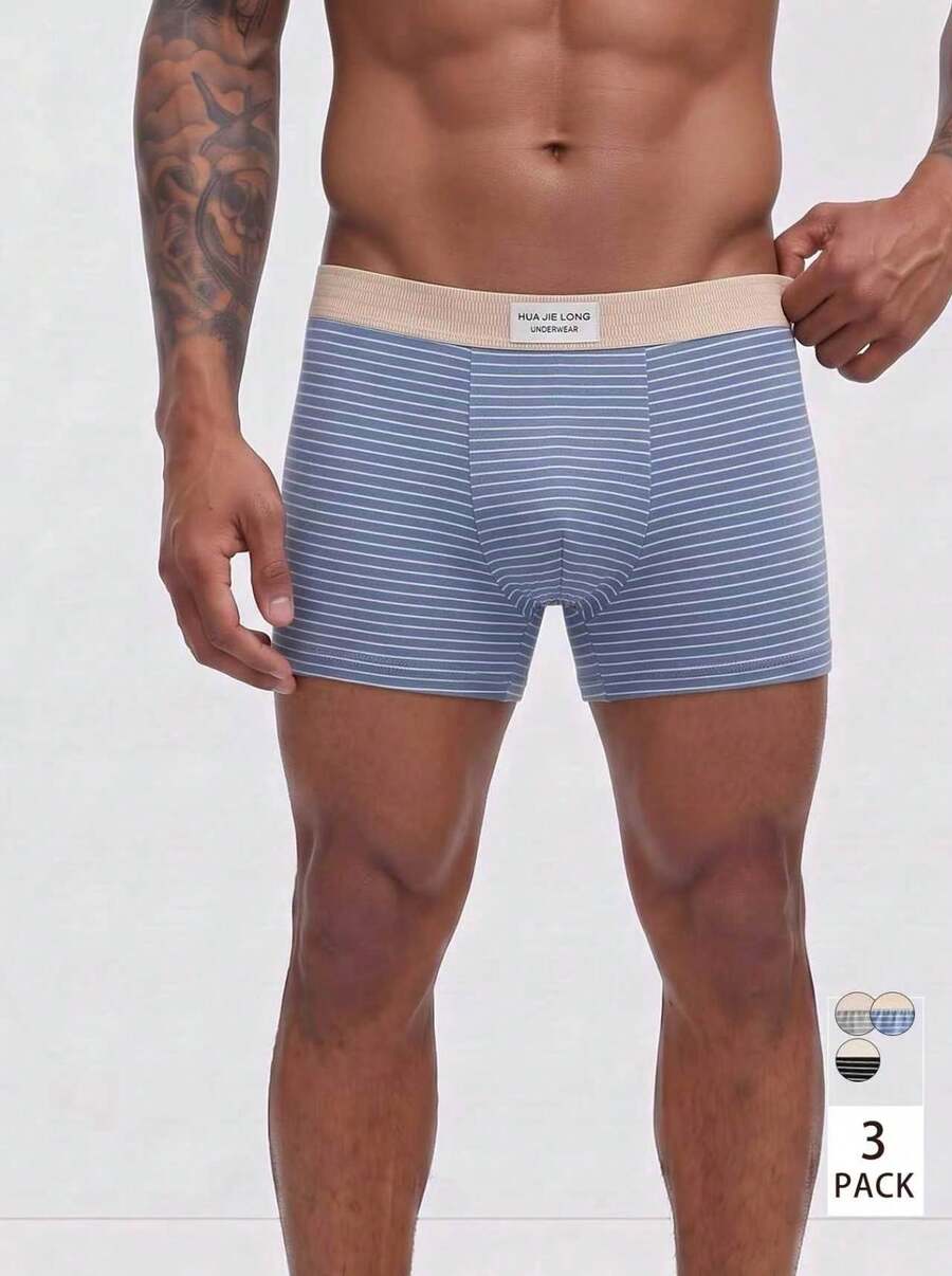 Snug League 3pcs Men Underwear Bicolor Striped Letter Print Breathable Midrise Boxer Brief - Multicolor - View 1