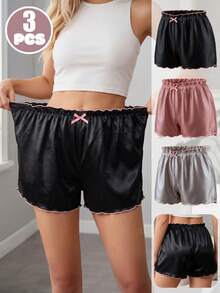 3pcs Solid Color Women's Boxer Briefs, Fashion Wavy Edge Comfortable Satin Women's Panties, Lightweight Comfortable Women's Safety Shorts - Multicolor - View 3