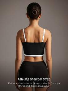 Soyun Nouveau débardeur de yoga blocs de couleurs pour femmes avec coussinets de poitrine intégrés, convient pour le fitness, le tennis, la course, la randonnée, les sports de plein air, noir, été - Noir - Voir 2