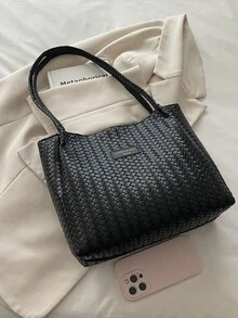 New Large Capacity Woven Pattern Handbag, Fashionable Shoulder Tote Bag, Unique Design, Suitable For Daily Outings, Shopping, Work And Commuting, Eye-Catching Women's Work Bag - Black - View 4