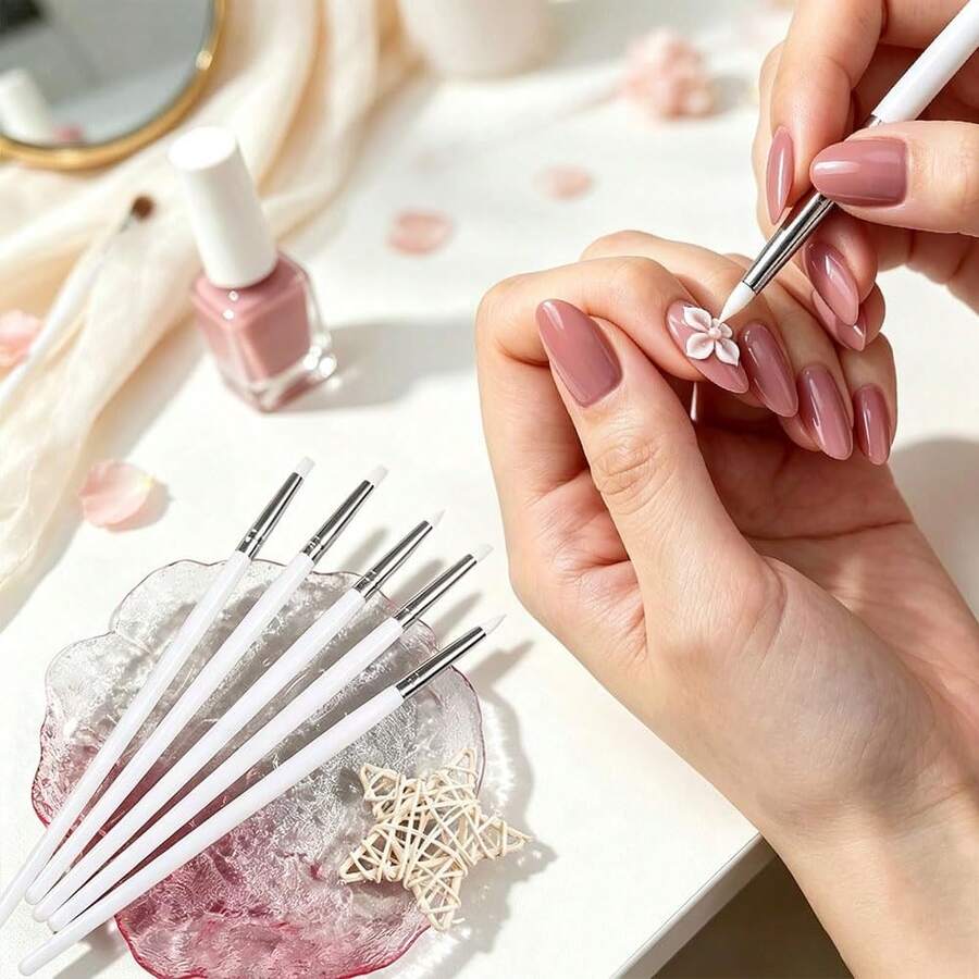 5pcs Silicone Nail Art & Pottery Tools Brush Set With Practical Wooden Handle, Creative Handmade Brushes - Multicolor - View 1