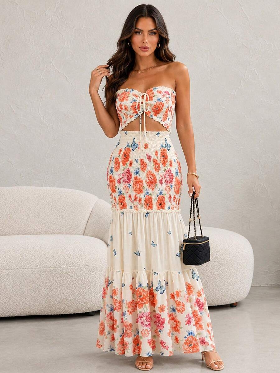 ChicMe Tropical Plant Print Maxi Tube Dress For Women, Waist Cinched Fishtail Ruffle Hem Elegant Summer Vacation Party Dress