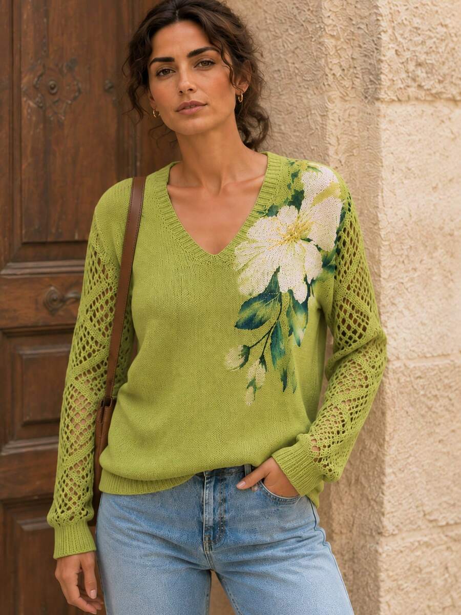 Elegant Floral Print V-Neck Long Sleeve Sweater, Versatile For Spring, Summer, Autumn, Winter, Bohemian Style, Travel Vacation Fall - Green - View 1