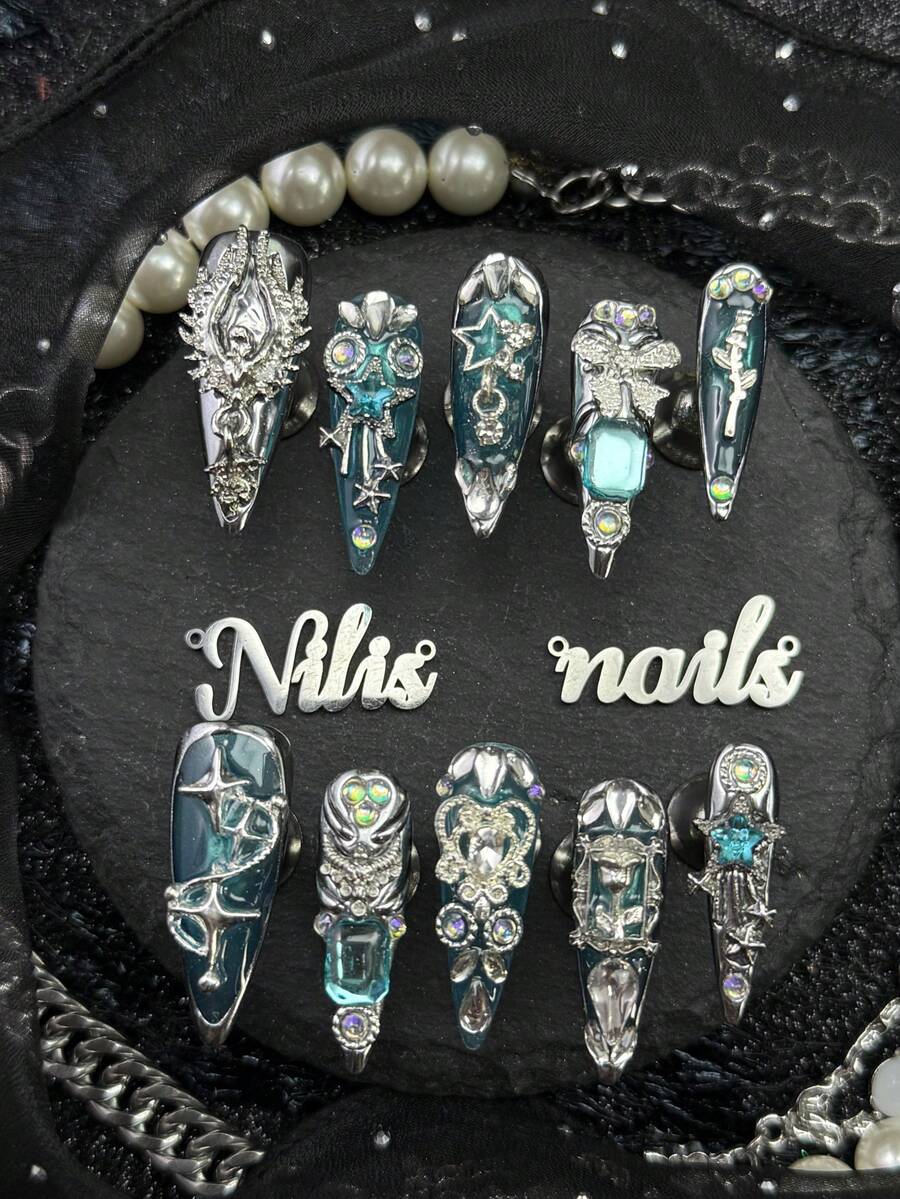 10pcs Handmade Fully Covered Stiletto Nails Press On Nails, Cadet Blue3D Metal Bow Star Roses And Other Decorations Fake Nails, Suitable For Party, Dance, Daily, Beach Vacation, With Jelly Glue & Nail File, Luxury Mystical Y2K Mermaid Style Reusable