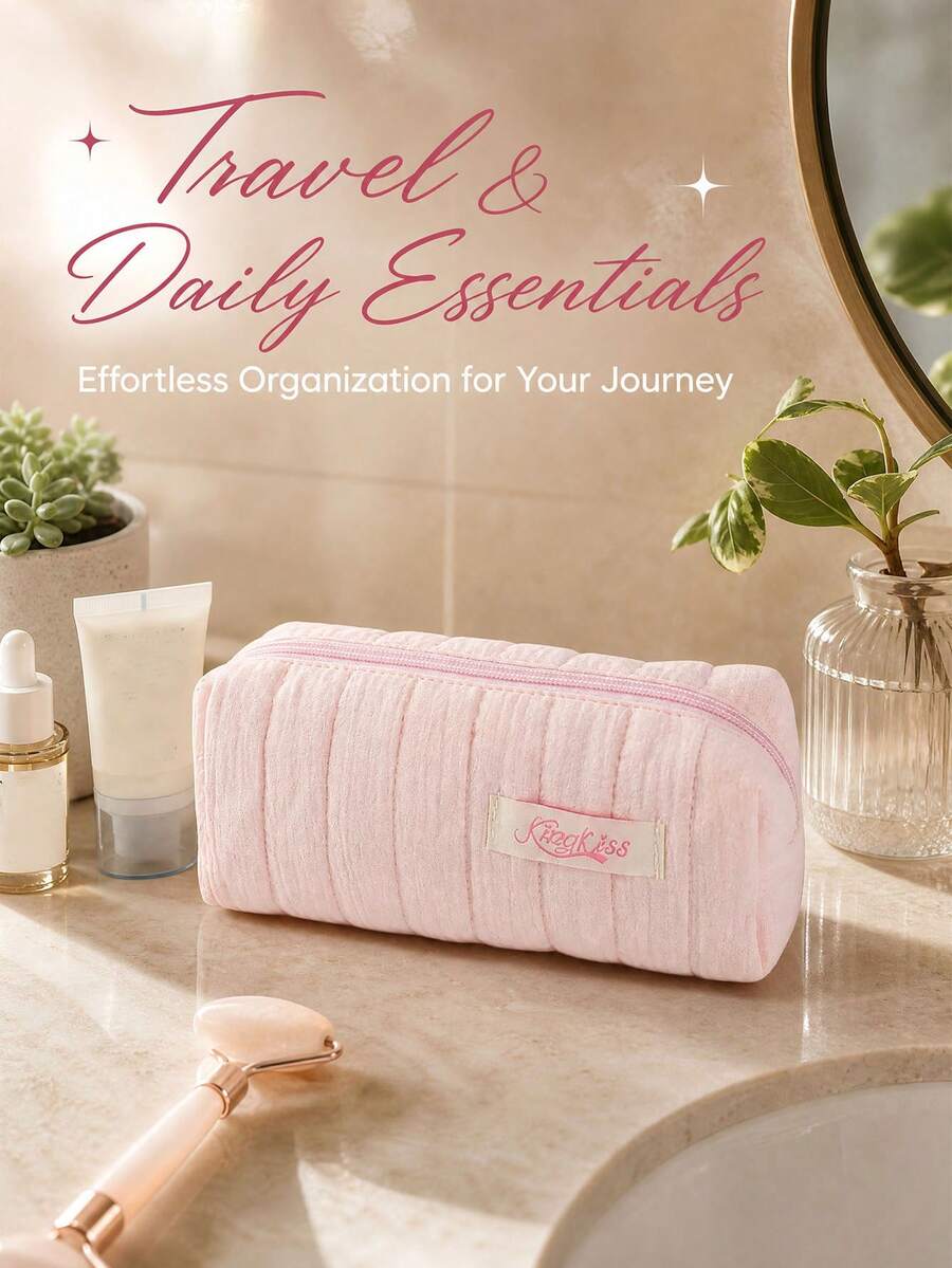 Rectangular Zipper Pencil Case, Vertical Quilted Design, Soft Lining With Padding, Fresh And Soft Ulzzang Girl Style, Suitable For New Semester, Can Neatly Store Pens, Rulers, Erasers And Notebooks In One Place