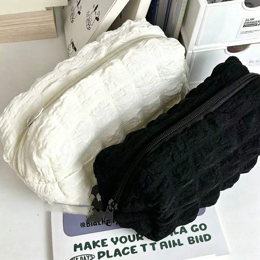 1pc Cloud Ruffled Texture Pencil Case Solid Black White Color Large Capacity Zipper Pen Bag Soft Fluffy Aesthetic Stationery Pouch Portable Multifunctional Cosmetic Makeup Storage Bag Sweet Minimalist School Supplies, Back To School - Pencil Case - View 1