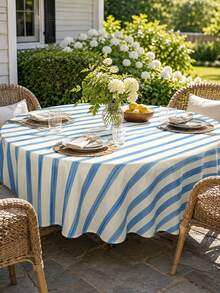1pc Blue Stripe Table Cloth, Farmhouse Polyester Round Tablecloth With Vertical Line Pattern, Soft Washable Decorative Table Cover For Dining Table, Kitchen, Brunch, Picnic, Party, Wedding, Indoor Outdoor Home Decor - Multicolor - View 5