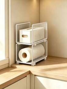 Space-Saving Storage Basket, Stackable Mesh Tiered Storage Racks, With Vertical Stacking Visual Mesh Aesthetic, Space-Maximizing Mesh Rack For Kitchen Paper, Plastic Wrap, And Spice Jars, Utility Racks, Kitchen Storage Organization Accessories - Multicolor - View 15