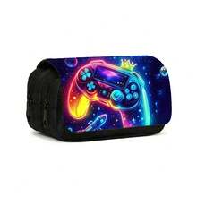 Neon Game Controller Print Large Capacity Pencil Case, Dual Zipper Stationery Bag, Portable Game Theme Pencil Storage Bag, Suitable For Teenagers School Daily Use - B - View 6
