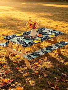 3 Pieces Picnic Tablecloth Set With Bench Cover, Elastic Edge Design, Leaf Pattern With Minimalist Geometric Pattern, Washable Rectangular Tablecloth, Suitable For Wedding, Camping, Picnic, Garden Party And Other Occasions, Practical Essential - D - View 9