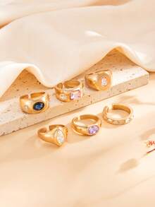 6pcs Vintage Minimalist Luxury Rhinestone Rings Set, Metal Gold Open Finger Rings, Fashion Accessories For Women Daily, Party, Vacation, Gifts For Friends - Yellow Gold - View 8