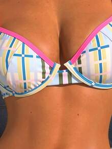Bikini de dos piezas con aros, push-up y efecto adelgazante, estampado de cuadros colorblock estilo macaron fresco de verano, traje de baño para mujer para vacaciones y aguas termales - Multicolor - Ver 5