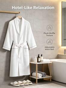Waffle Knit Pure Cotton Bathrobe, Unisex Adult Pure Cotton Bathrobe, Spring/Summer Style Bathrobe, Suitable For Home, Hotel And Spa, Highly Absorbent, Quick-Drying, Loose Fit Design. Multiple Colors Available, Bathroom Supplies, Home Goods - Multicolor - View 5