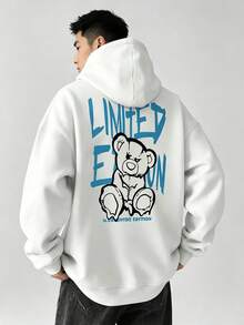 Men's Casual Versatile Street Style Hoodie,With Letter And Cartoon Bear Patterns,Equipped With A Kangaroo Pocket And Drawstring,Suitable For Autumn An - 白色 - 查看 1